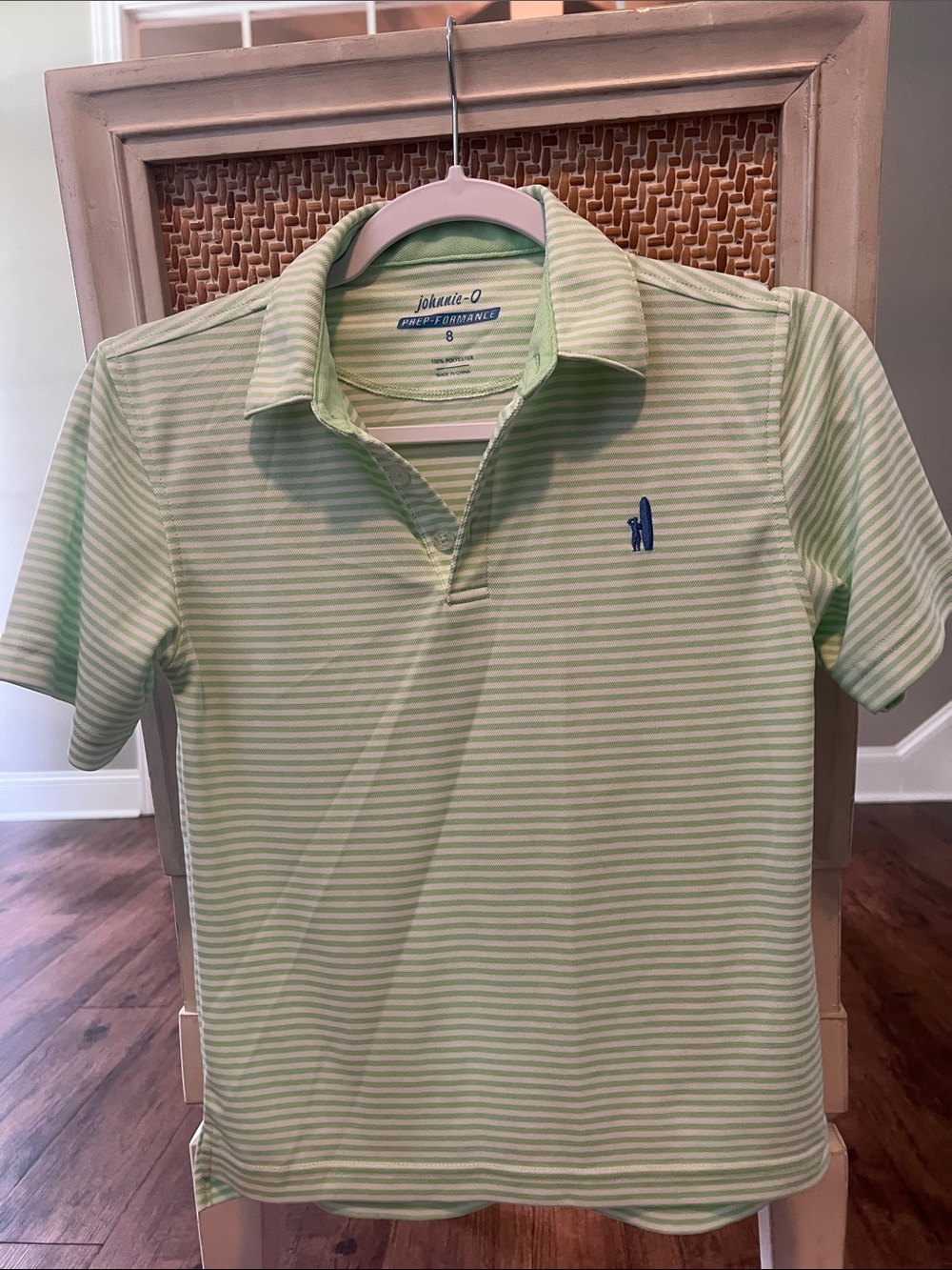 johnnie-O Light Green and White Striped Polo